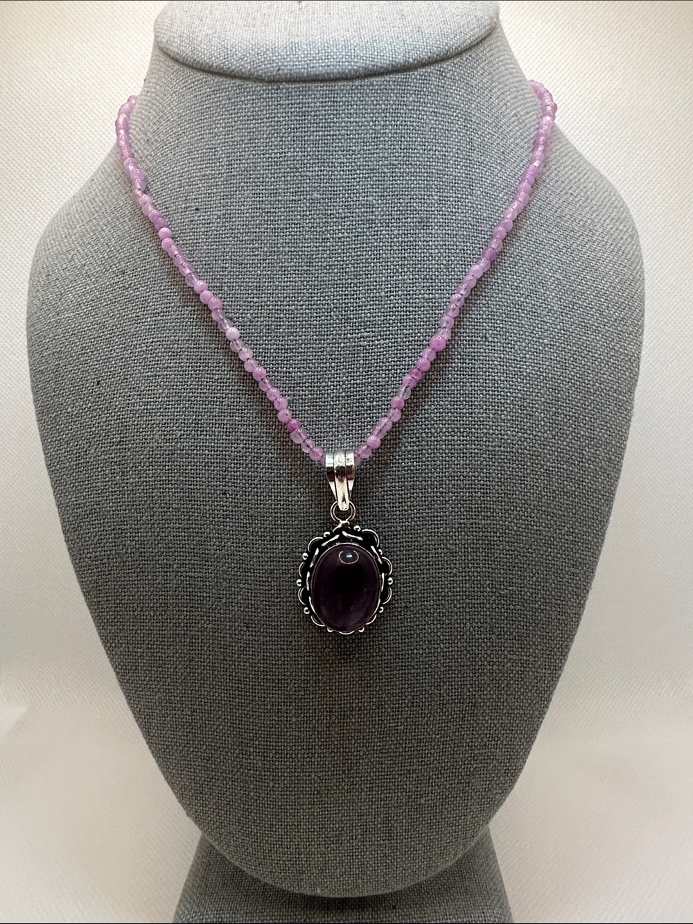 Genuine Amethyst Silver Plated Pendant and Amethyst Bead Necklace